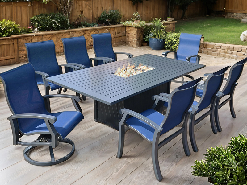 Chateau aluminyo panlabas na may sling 9 piraso kainan set (90x47 in. Dining Fire Pit)