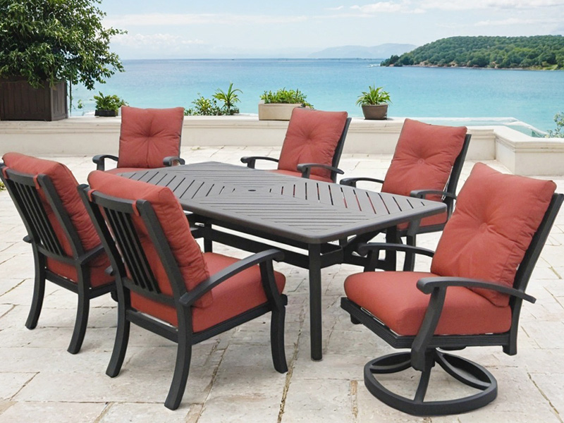 Chateau Aluminum Outdoor na may Cushion 7 Piece Dining Set (86x44 in. Dining Table)